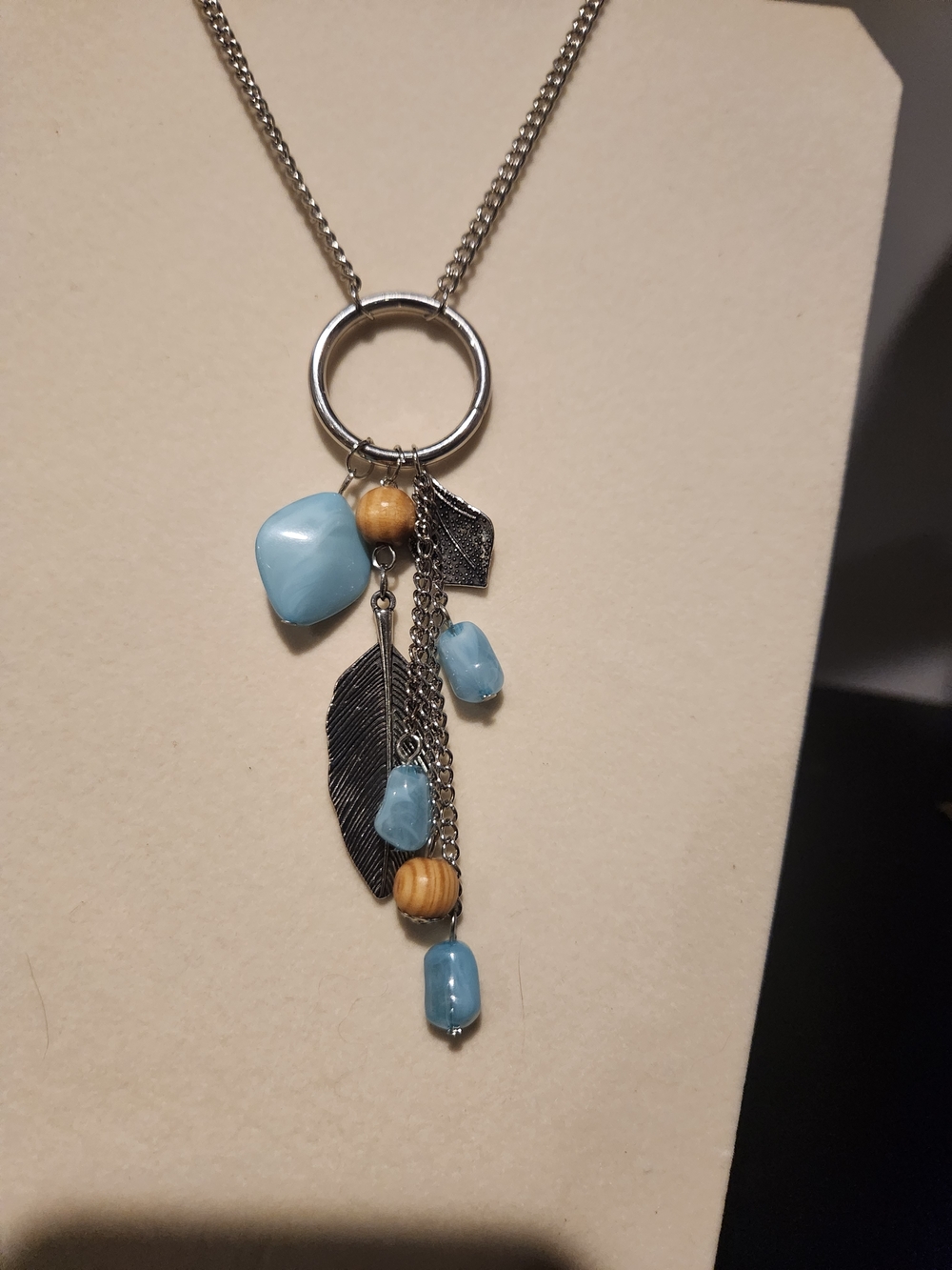 Silver Ring Pendant Necklace with Blue Stone and Bead Accents